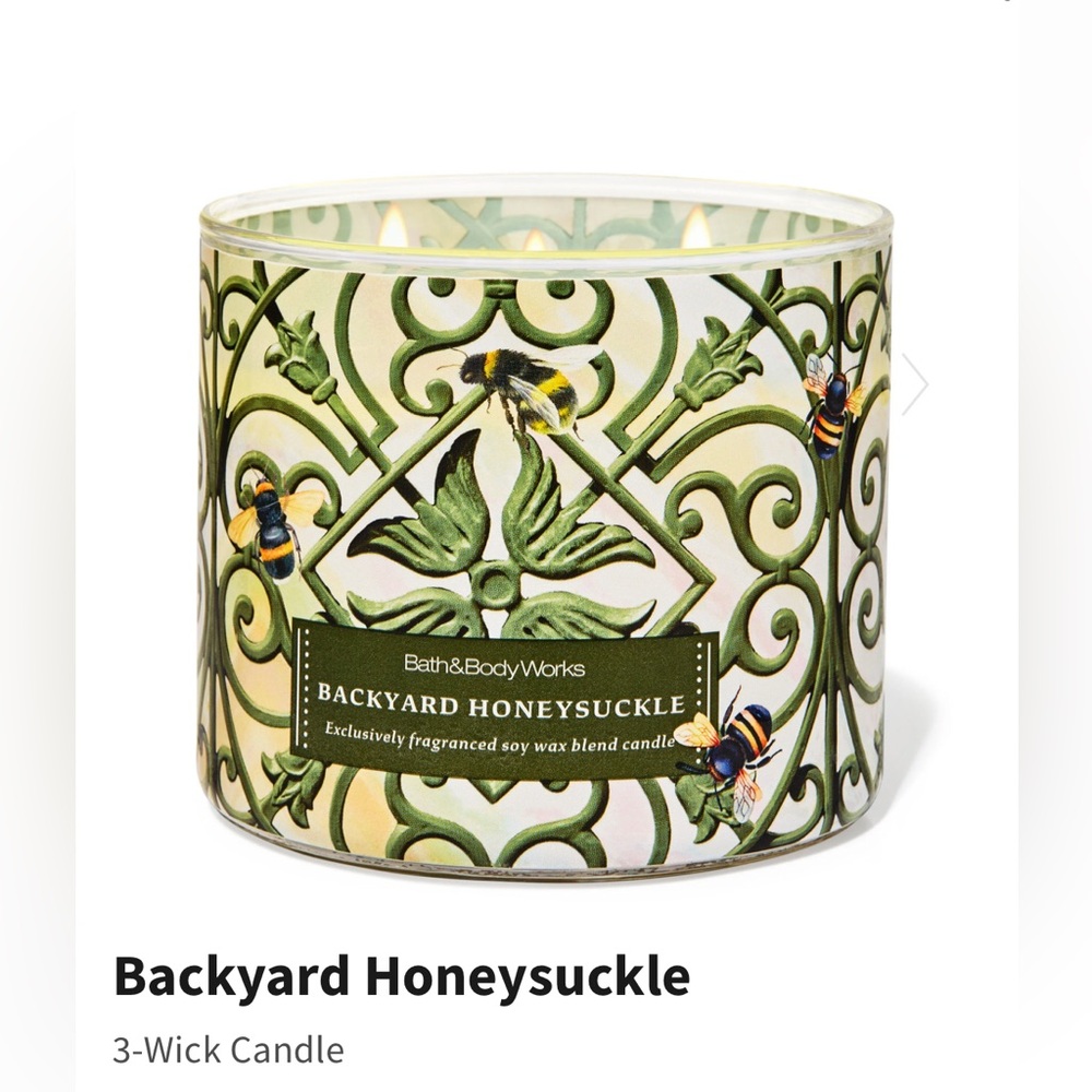 NIB Bath & Body Works “Backyard Honeysuckle” 3-Wick Candle w Decorative Lid